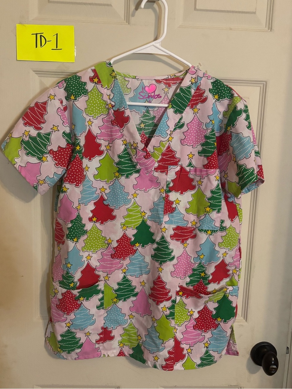 Smart Scrubs Pink Heart Logo Holiday Tree Print Top